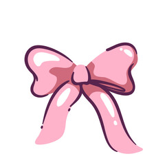 Pink ribbon bow. Funny satin present box classic decoration, festive silk tie on package wrap. Birthday, Valentines Day, surprise gift mascot,ribbon knot cartoon vector illustration