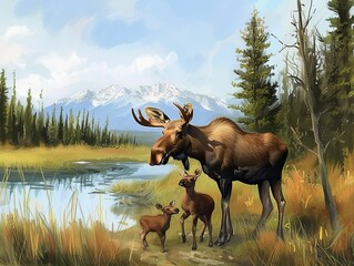 A moose with young moose walks in the forest near the water.