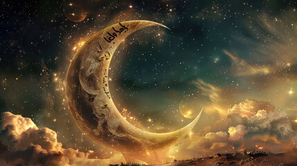 mystical crescent moon shines brightly starry sky, surrounded by