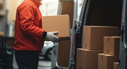   Diligent Delivery Driver in Red Jacket Carefully Loads Cardboard Boxes into a Van, Urban Street Background, Postal Service, Package Handling, Logistics, Transportation
