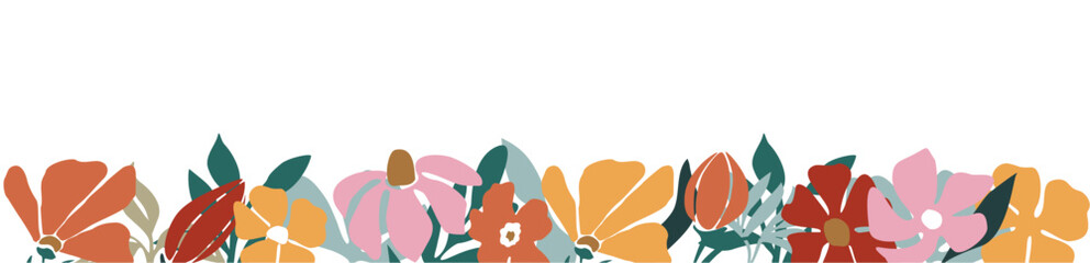 Horizontal banner, border, overlay with gorgeous multicolored blooming wild flowers and leaves. Spring botanical flat vector illustration isolated on transparent background.