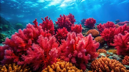 Dense clusters of bright red marine algae forms a vibrant tapestry on the seafloor, with delicate fronds swaying gently in the ocean current, coral reef, seaweed