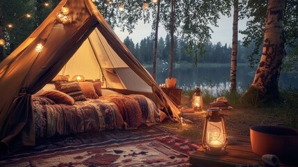 Fototapeta premium Glamping by the Lake: A Serene Escape in Nature