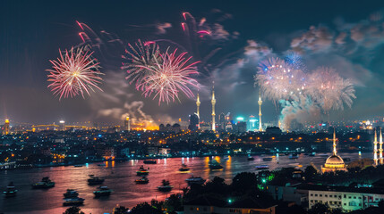 vibrant city skyline illuminated by fireworks at night