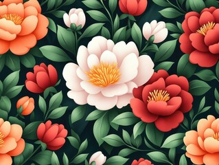 Vibrant floral pattern featuring peonies and buds on a dark background