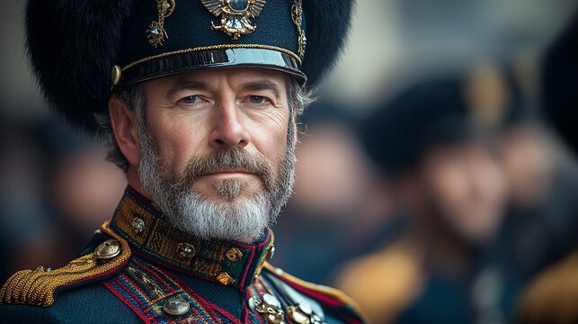 Serious military officer in historical uniform, outdoor ceremony