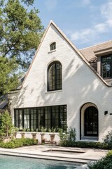 Obraz premium This stylish and contemporary home boasts expansive windows that offer breathtaking views of the surrounding lush greenery. On a sunny day, its tranquil swimming pool becomes a perfect oasis