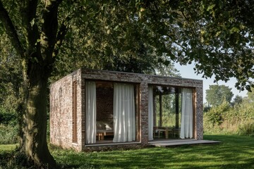 Modern brick cabin nestled in lush greenery during a sunny daytime, featuring large windows and a serene setting in nature
