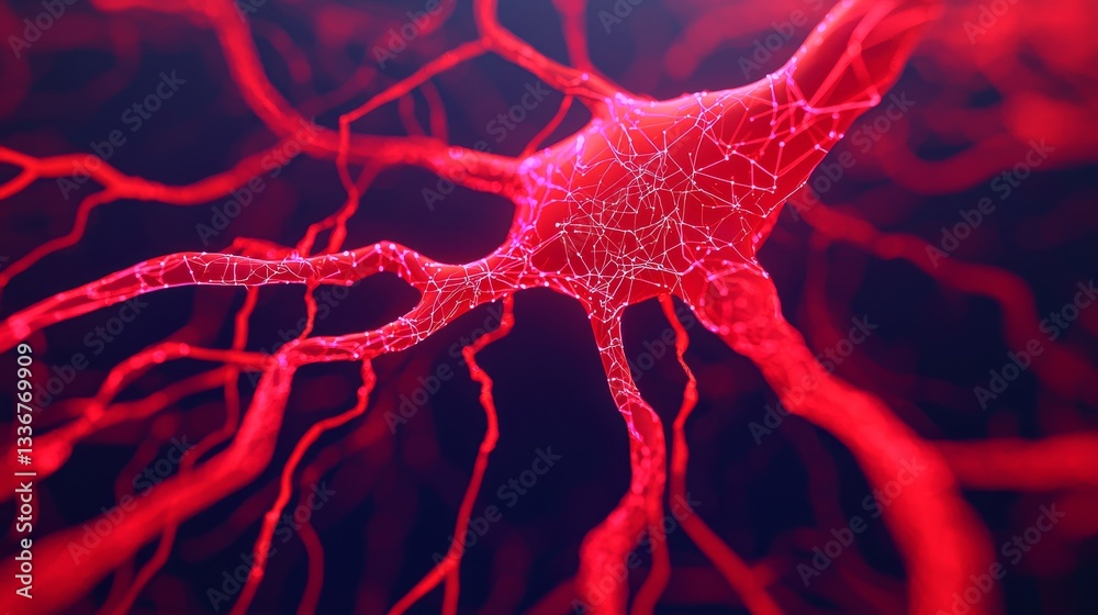 Aufkleber exploring abstract red neural network structures in a digital environment close-up perspective scien