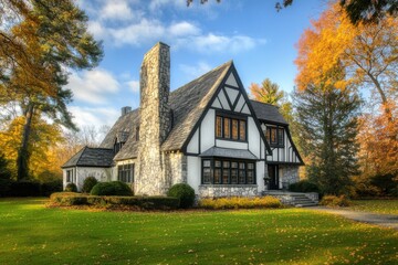 Obraz premium A stunning historic house, adorned with intricate details, is nestled amidst vibrant autumn foliage, complemented by a charming stone chimney and a backdrop of clear blue skies