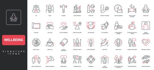 Wellbeing, mental and physical health, satisfaction, work life balance line icon set. Medical and spa body care, yoga and exercises, healthy sleep, food thin black and red symbols vector illustration