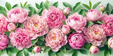 Detailed image of vintage-style pink peony flowers with lush green leaves in a seamless floral arrangement, floral art, seamless design