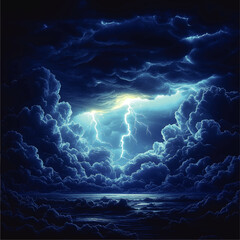 Dramatic Thunderstorm Vector: Stunning Lightning Over Ocean Horizon with Majestic Blue Storm Clouds in Night Sky – Captivating Weather Art for Atmospheric Design