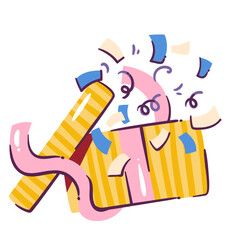 Open gift box with confetti burst. Funny surprise present package with stripe pattern and pink ribbon. Birthday celebration, reward mascot, gift offer cartoon vector illustration