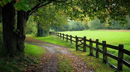 Fototapeta premium Serene Countryside Path: A Picturesque Walk Through Lush Green Fields and Trees