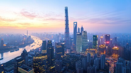 Obraz premium Shanghai Skyline at Dawn: A Breathtaking Panorama of Modern China