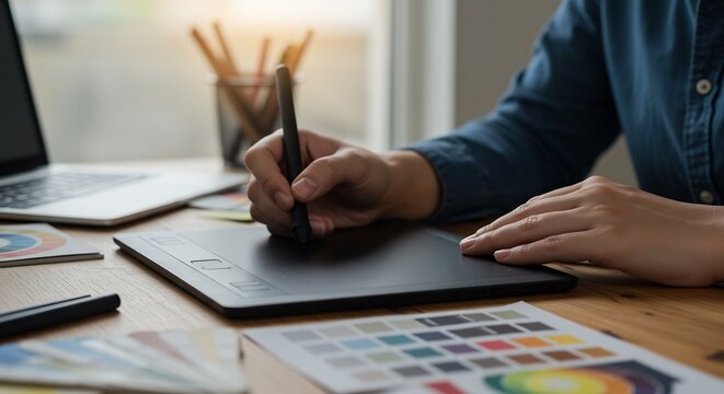   Graphic Designer Using a Digital Drawing Tablet and Stylus Pen for Creative Work, Freelance Artist at Home Office Desk with Laptop, Color Palette and Design Tools