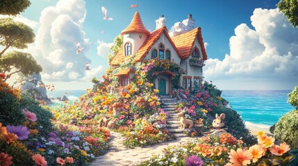 Obraz premium Coastal Cottage, Flower Garden, Sunny Day, Birds, Ocean View