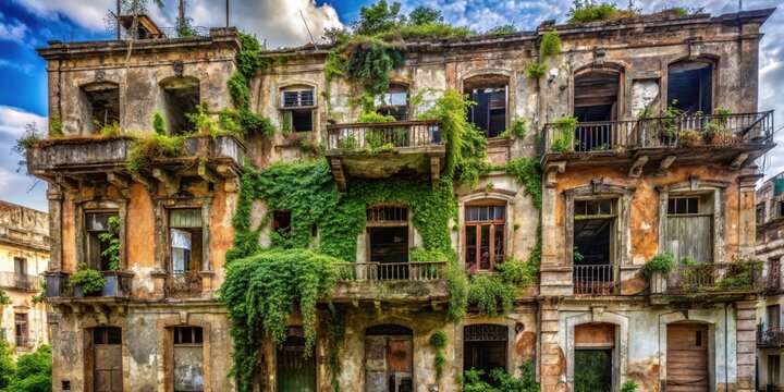 Old worn-down building in Havana with broken windows and crumbling walls covered in vines and moss, abandoned building, overgrowth