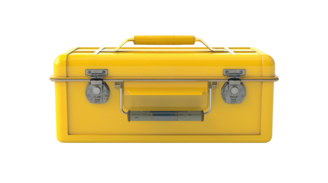 Yellow metal toolbox isolated on transparent background, front view