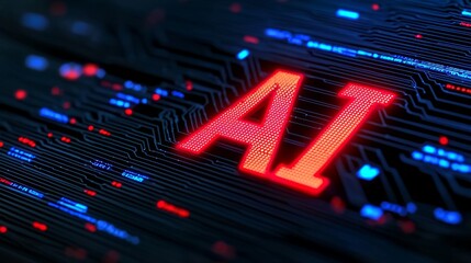 Obraz premium AI Technology Illuminated in Red Lights Digital Environment Graphic Design Futuristic Concept