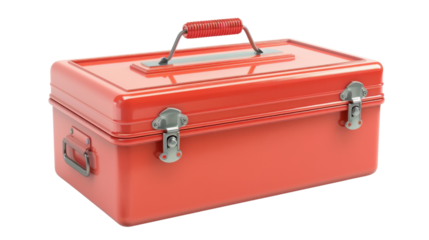 Closed red metal toolbox isolated on transparent background