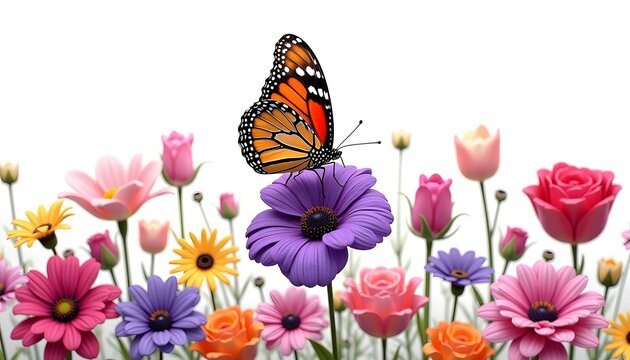 A vibrant butterfly with intricate patterns on its wings perched on a purple petunia surrounded by a plethora of daisies, roses, and tulips