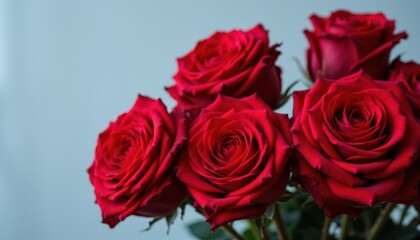 Obraz premium The contrasting colors of the rich red roses and the tranquil light blue backdrop create a stunning visual display in this close up photograph