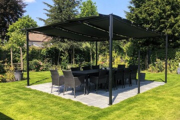 Spacious outdoor dining area with a modern canopy, surrounded by lush greenery in a tranquil garden setting during a sunny day