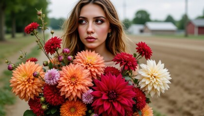 Naklejka premium The woman's serene expression and graceful pose complement the abundance of colorful flowers in her arms, creating a harmonious and visually captivating portrait