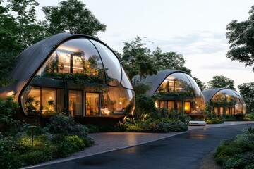 A futuristic yet cozy street lined with glowing glass houses, lush greenery in vertical planters, and soft, diffused light from floating streetlamps