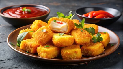 Fototapeta premium Crispy fried cheese nuggets on a plate with melted cheese and chili sauce , fast food, casual dining