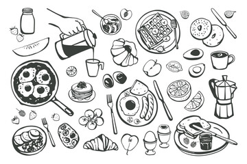 Set of various hand drawn simple breakfast meals sketches. Vector illustration isolated on white background