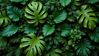 A lush arrangement featuring a variety of tropical plant leaves, such as Monstera and palm, intermingled with rubber plant and pine foliage