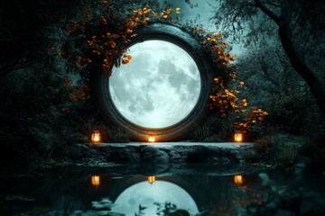 Fototapeta premium A gothic depiction of a mysterious, moonlit pool surrounded by ivy-covered stone walls, where children play quietly under the eerie glow of floating lanterns