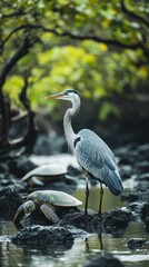 Fototapeta premium The image with a bird and a turtle on the background of nature is suitable for illustrating articles about wildlife, ecology and nature reserves, as well as for the design of educational materials 