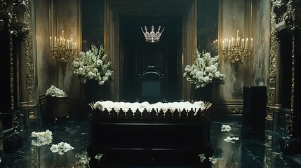 Throne room, funeral, opulent setting, darkness