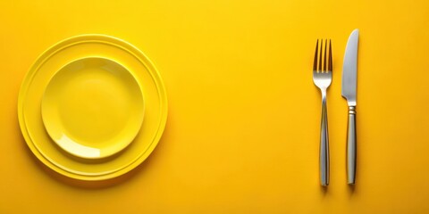A plate with cutlery arranged artfully on a bright yellow background, creating a vibrant and inviting atmosphere for dining or special occasions , yellow, tableware