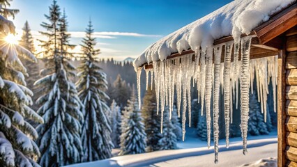 Icicles hanging from a sloping roof with snow covered trees in the background, creating a serene winter landscape , frost