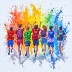 Naklejka premium Joyful Multicultural Group Laughing Together in Vibrant Watercolor Style