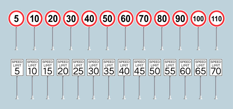 speed limit traffic signs set mph and kmh united states and international  vector illustration 