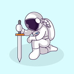 Astronaut On Knee Holding Sword. Cartoon Logo Illustration Design. Isolated Premium Vector File, background is easy to edit. Can use for Icon, Logo, banner, flyer or any design project