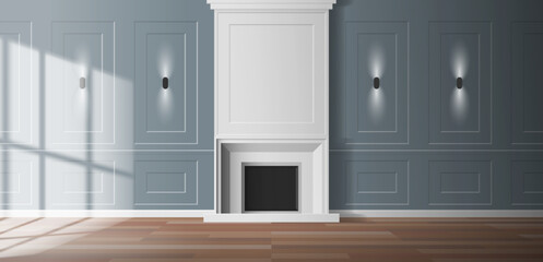 empty living room classic interior with  fireplace wall panels vector illustration