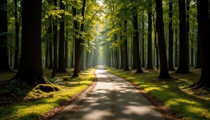 Obraz premium The narrow, winding road cuts through a dense forest, with towering trees forming a canopy overhead and a carpet of vibrant green moss covering the forest floor