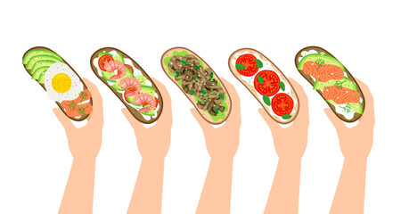 hands with healthy sandwiches with rye bread avocado  salmon egg tomatoes shrimps mushrooms cream cheese vector illustration