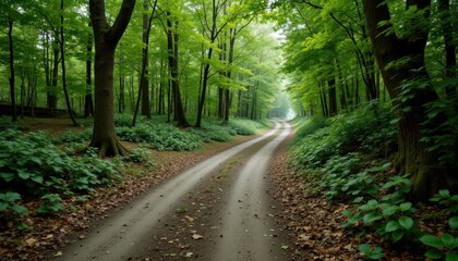 Fototapeta premium As you drive along the secluded road surrounded by lush greenery, the sounds of nature envelop you the chirping of birds, the rustle of leaves in the breeze