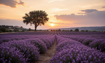 Endless rows of lavender leading to solitary gnarled olive tree on horizon, soft purple hues dominating foreground, sunset glow casting warm light