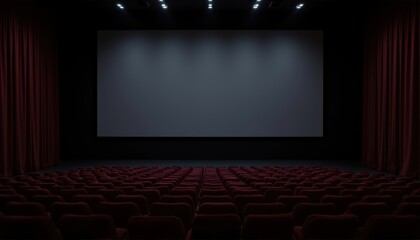 Fototapeta premium A blank empty cinema theater space mockup featuring rows of cushioned seats, a large blank screen, and dim lighting to showcase a realistic setting for film screenings.