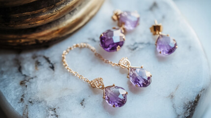Naklejka premium Amethyst jewelry displayed elegantly on a marble surface, featuring a necklace and matching earrings