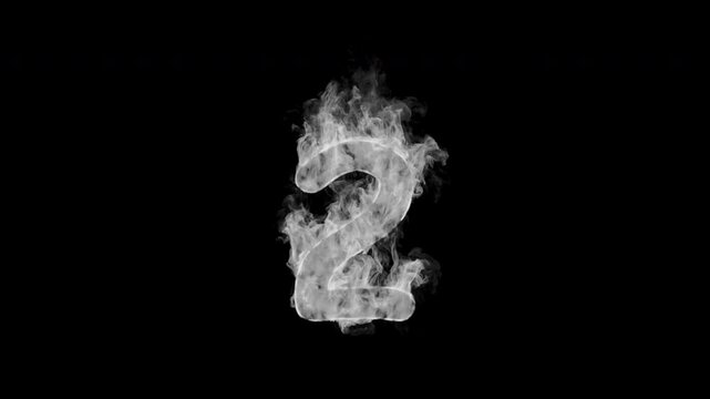 Seamless Looped 3D animation of number 2 (two) made of swirling white smoke on a transparent alpha background. Perfect for mysterious intros, countdowns, or ghostly motion graphics. 4K.